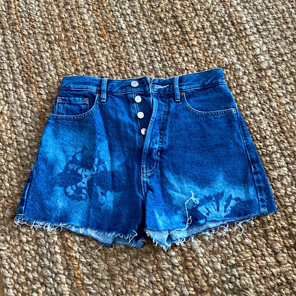 PacSun dark wash denim shorts with bleach tie dye